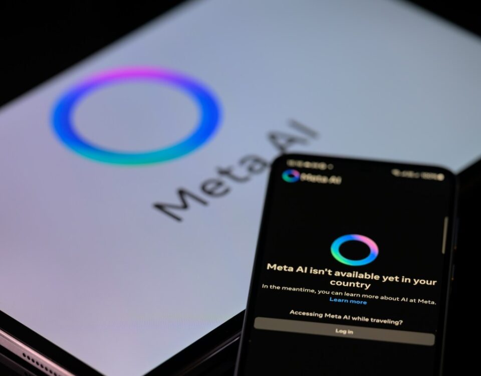 The Meta AI app is displayed on a mobile phone with the Meta AI logo visible on a tablet in this photo illustration