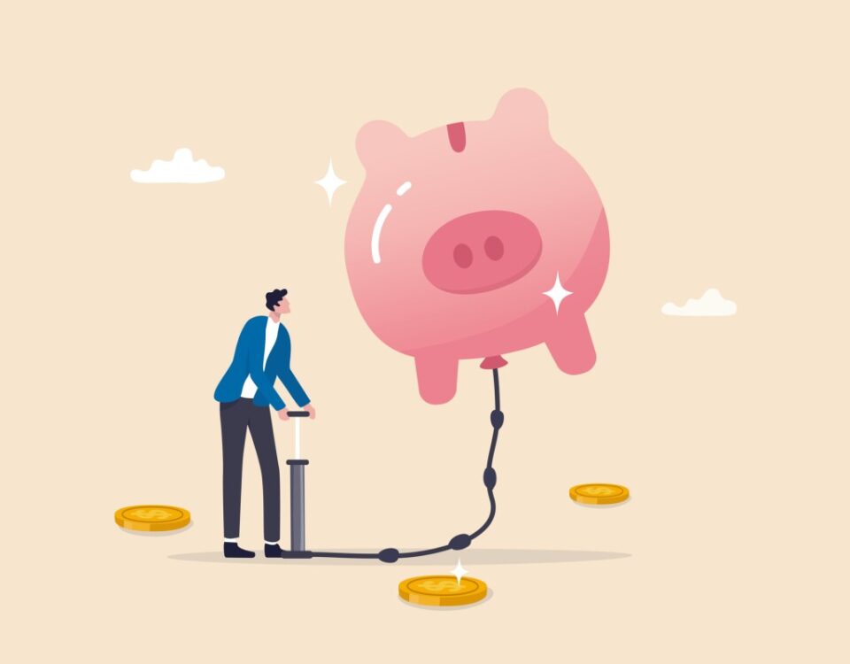 pumping air into a floating piggy bank