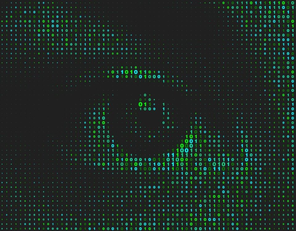 Artificial intelligence technology futuristic background. Green binary coding letters on black.