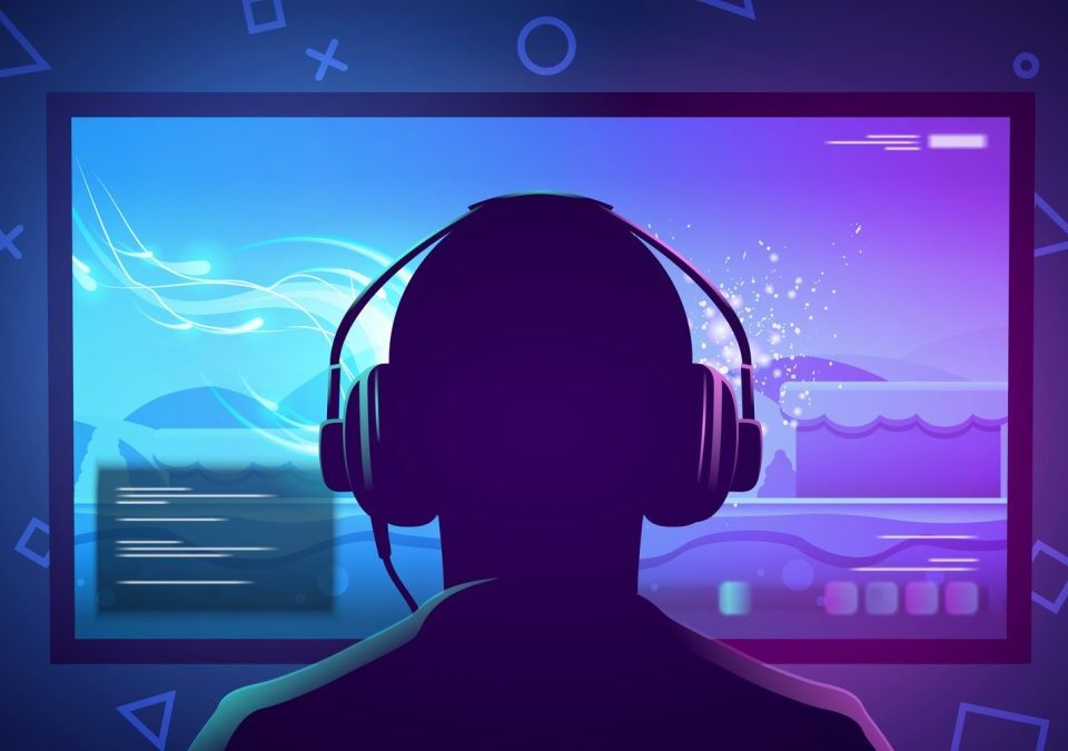Illustration of a gamer sitting in front of a screen.