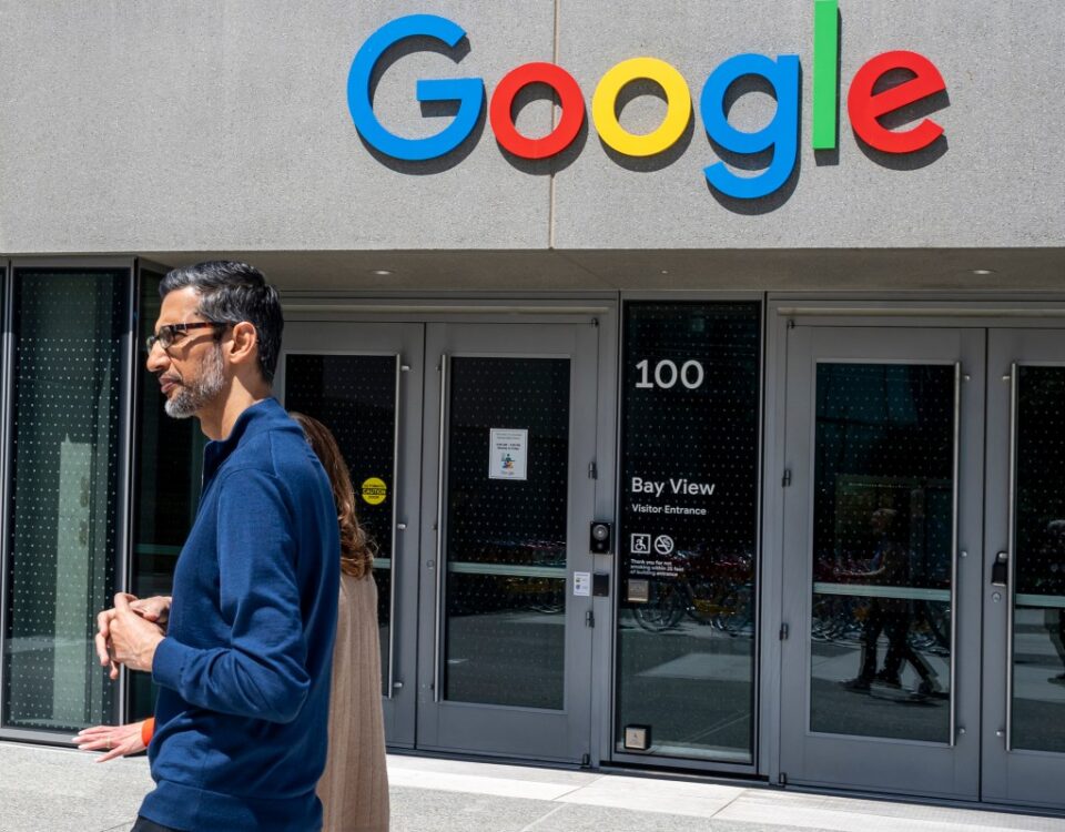 Sundar Pichai, chief executive officer of Alphabet Inc., during an interview on "The Circuit with Emily Chang" at Google's Bay View campus in Mountain View, California, US, on Wednesday, May 1, 2024.