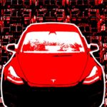 Image of a red Tesla over a supercomputer AI training cluster.