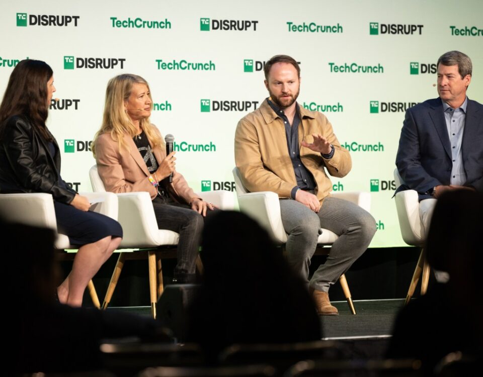 Dr. Debra L. Emmons Vice President & CTO The Aerospace Corporation, Even Rogers CEO and Co-Founder True Anomaly, and Tim Solms CEO Slingshot Aerospace on stage at TechCrunch Disrupt 2024 on Monday, Oct. 28, 2024.