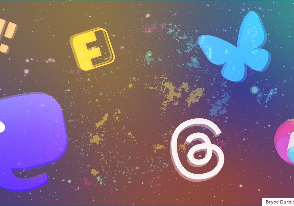 Composite of fediverse logos of Mastodon, Threads, Bluesky