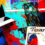 an illustration of a laptop computer and a Texas driver's license on a colorful blue, red, and teal background