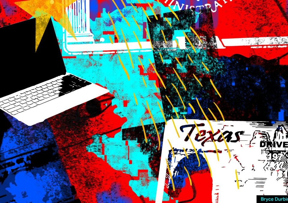 an illustration of a laptop computer and a Texas driver's license on a colorful blue, red, and teal background