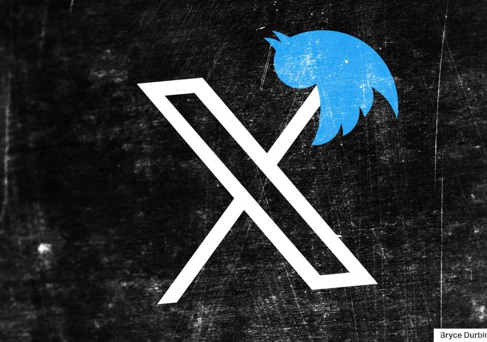 X logo impaling twitter bird logo