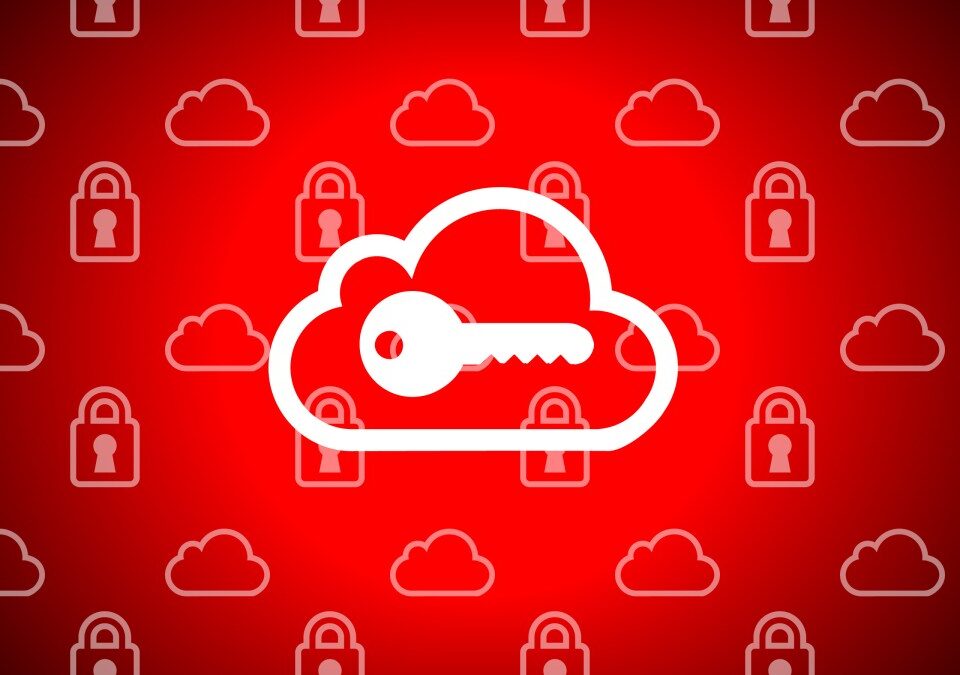An illustration of a key over a cloud icon, background of cloud and lock icons.