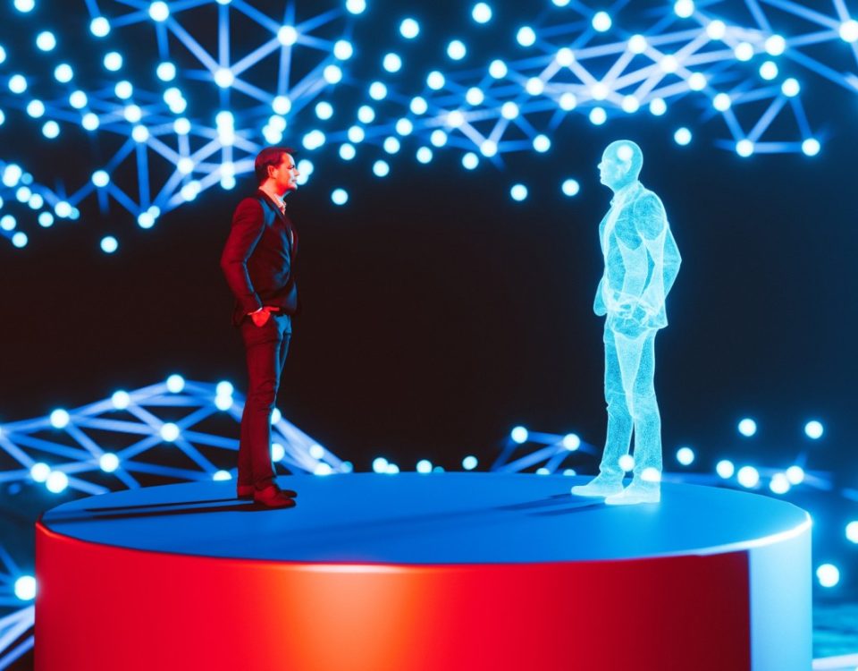 Man standing on a red platform, facing a holographic digital twin of himself. The background features a network of interconnected blue lights, creating a futuristic and high-tech atmosphere. The scene represents concepts of digital twins, virtual reality, and advanced technology.