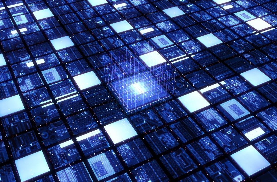 Computer Processor Processing Artificial Intelligence Data. Glowing Chip. Computer And Technology Related 3D Illustration Render.
