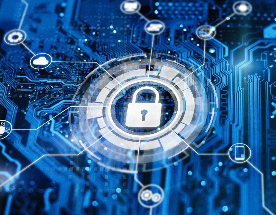 Lock in the middle of a network of applications illustrating cloud security