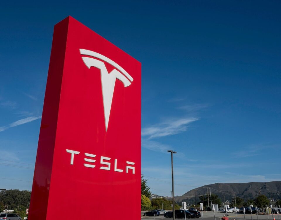 Signage at a Tesla store in Colma, California