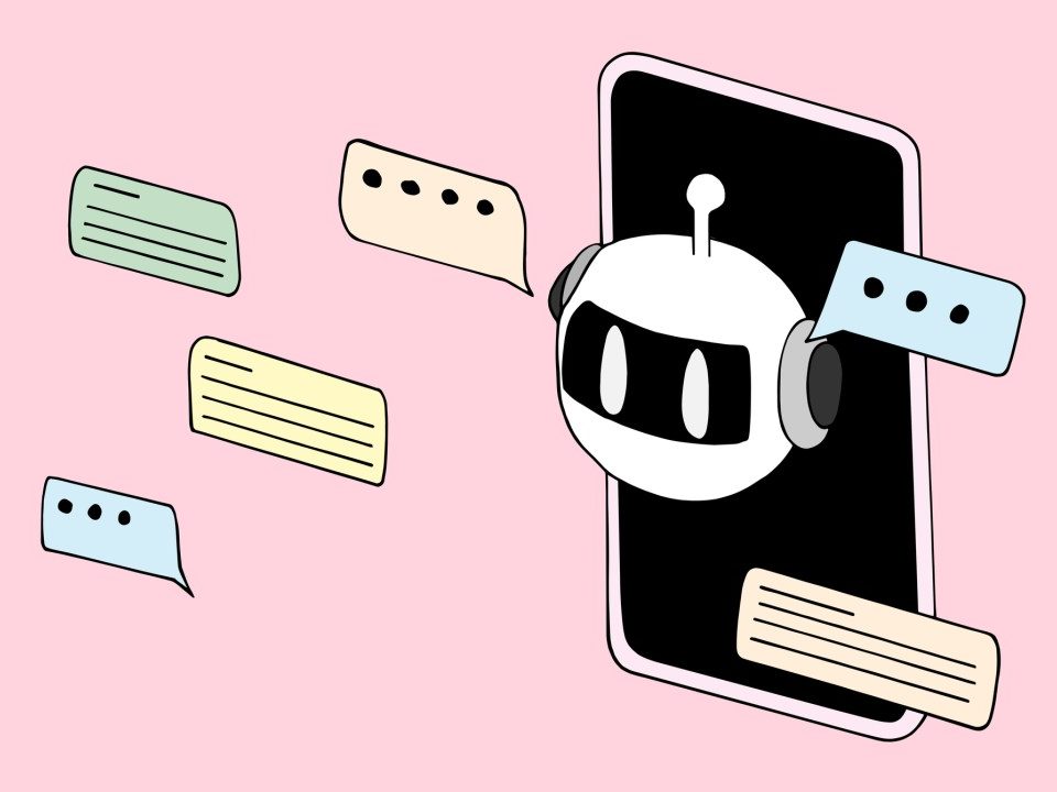Chatbot looking out of a smartphone display. Text bubbles floating around.