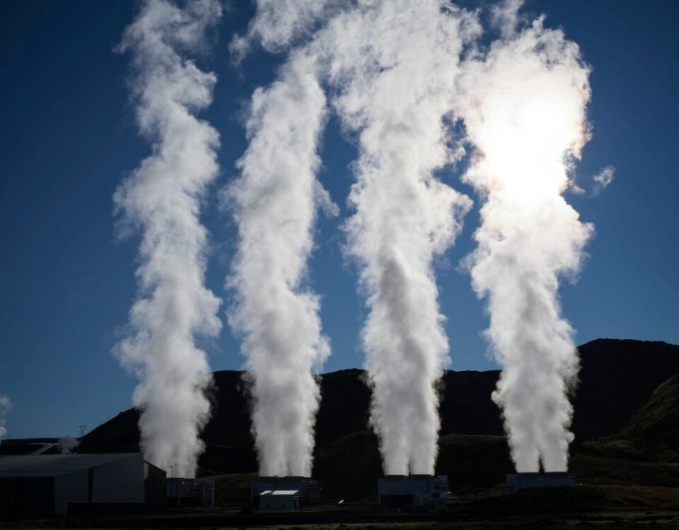 Steam rises from a geothermal power plant in Iceland.