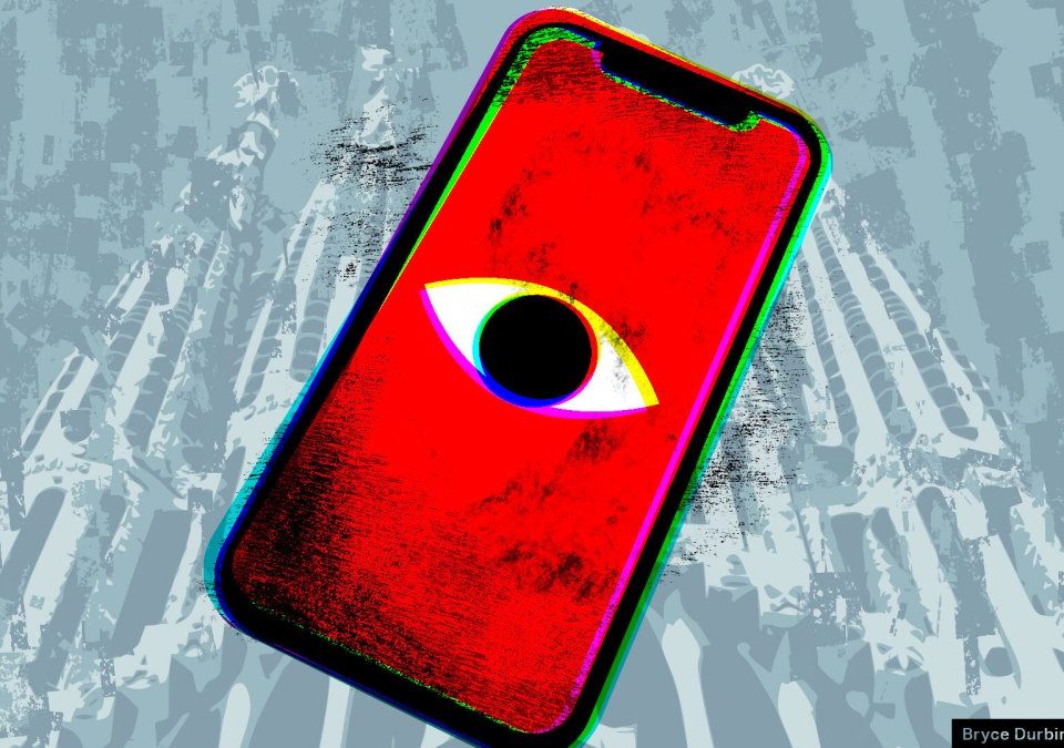 An illustration of a smartphone with a surveilling eye on the screen, with Barcelona's Sagrada Familia in the background.
