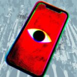 An illustration of a smartphone with a surveilling eye on the screen, with Barcelona's Sagrada Familia in the background.