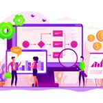 Business process organization and analytics. Business process visualization and representation, automated workflow system concept. Vector concept creative illustration