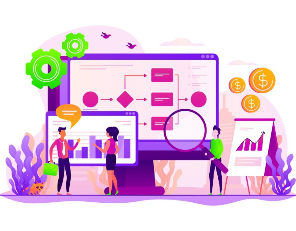 Business process organization and analytics. Business process visualization and representation, automated workflow system concept. Vector concept creative illustration