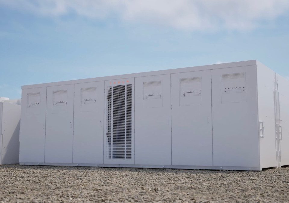 A rendering shows Tesla's Megablock energy storage system.