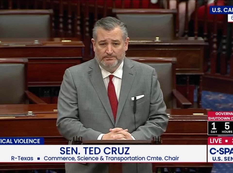 a photo of Ted Cruz, speaking to the Senate on Sept. 29, as seen on C-Span