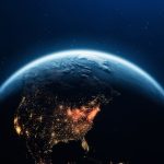 3D Render of Planet Earth with Clouds and Cities Lights. Planet Earth maps courtesy of NASA: https://visibleearth.nasa.gov/images/144875/earth-at-night-black-marble-2012-color-maps-v2.