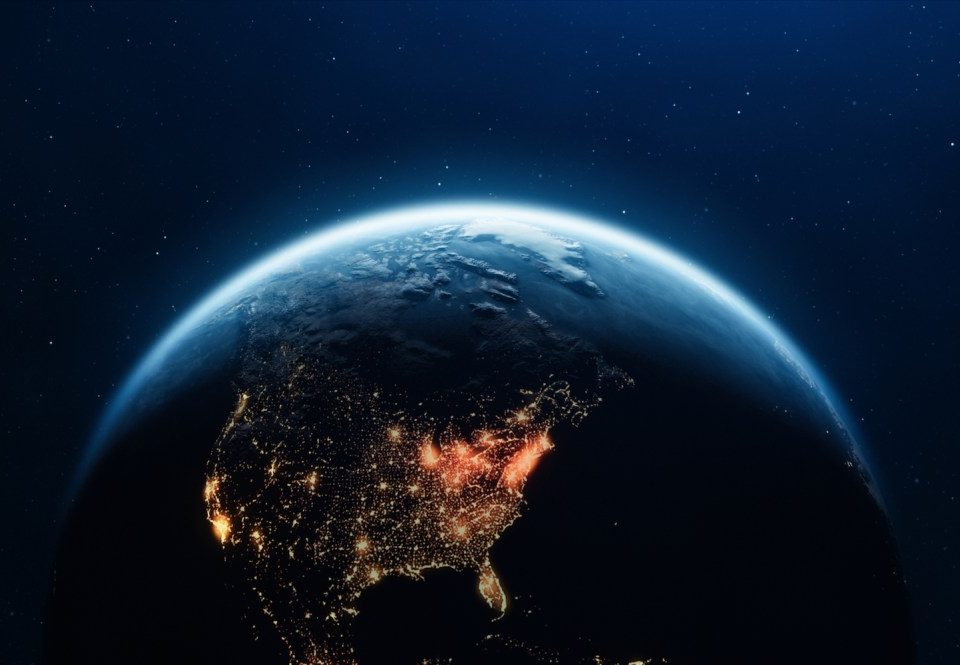 3D Render of Planet Earth with Clouds and Cities Lights. Planet Earth maps courtesy of NASA: https://visibleearth.nasa.gov/images/144875/earth-at-night-black-marble-2012-color-maps-v2.