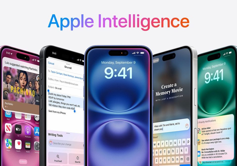array of iPhones with Apple Intelligence logos above