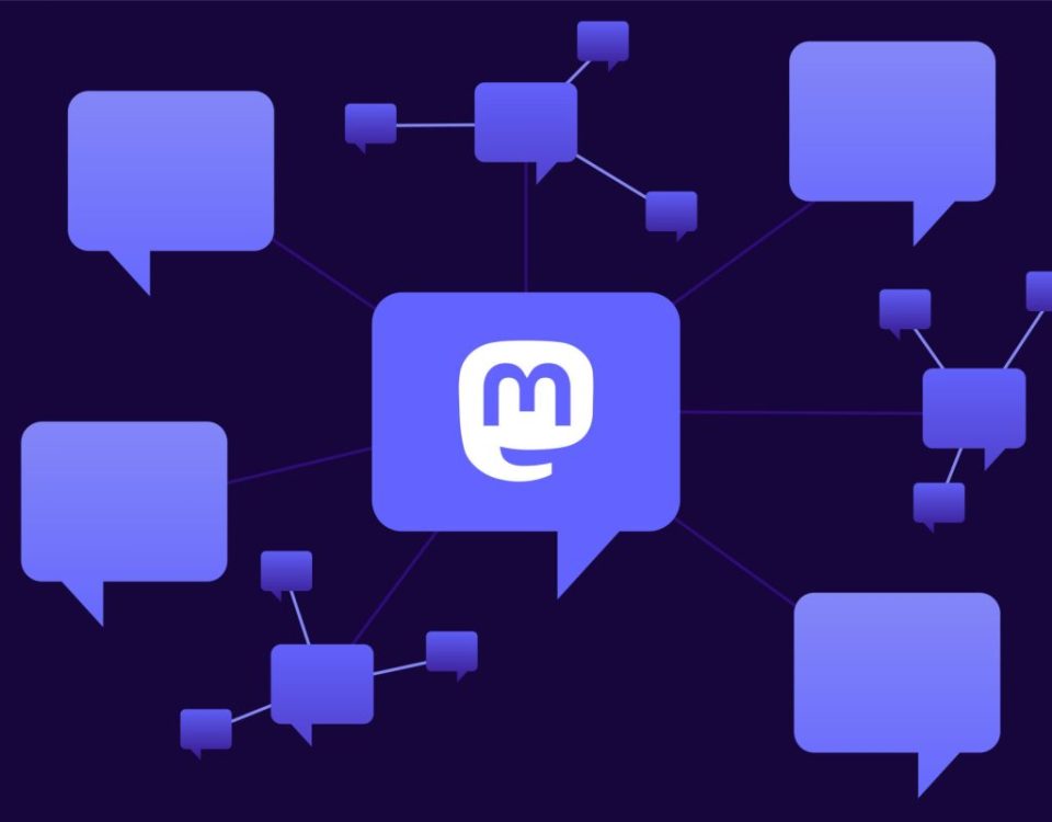 purple text bubbles floating on black background. one has an M on it