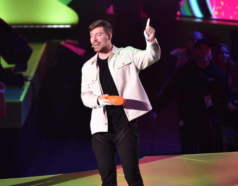 MrBeast speaks onstage during the 2023 Nickelodeon Kids' Choice Awards at Microsoft Theater in LA