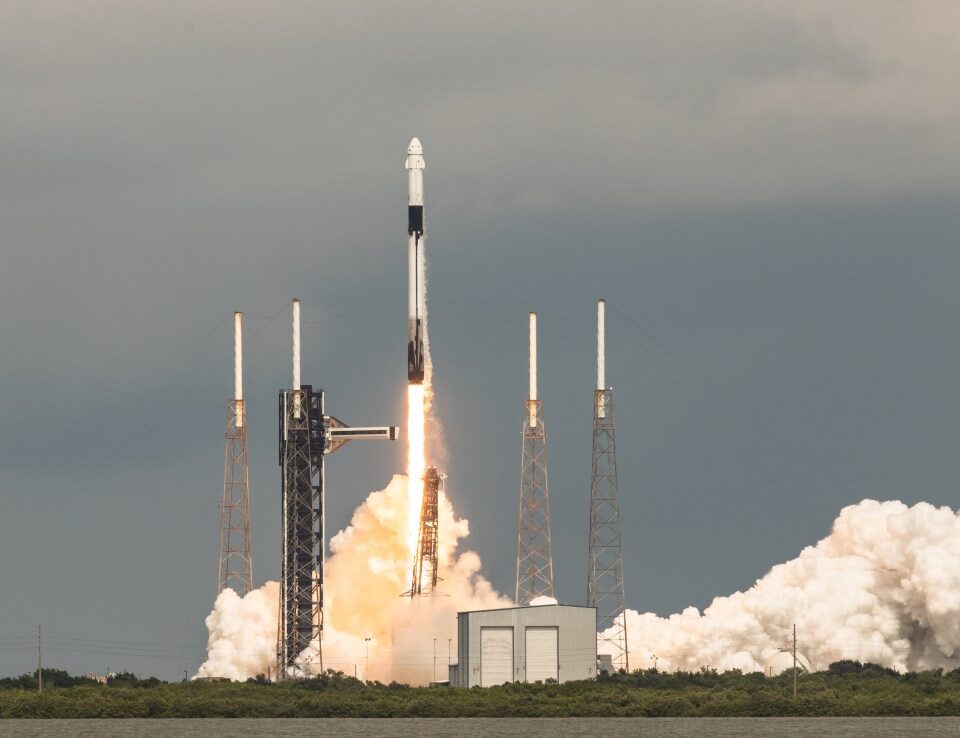 A SpaceX Falcon 9 rocket lifts off from launch pad 40 at the Cape Canaveral Space Force Station in Florida.
