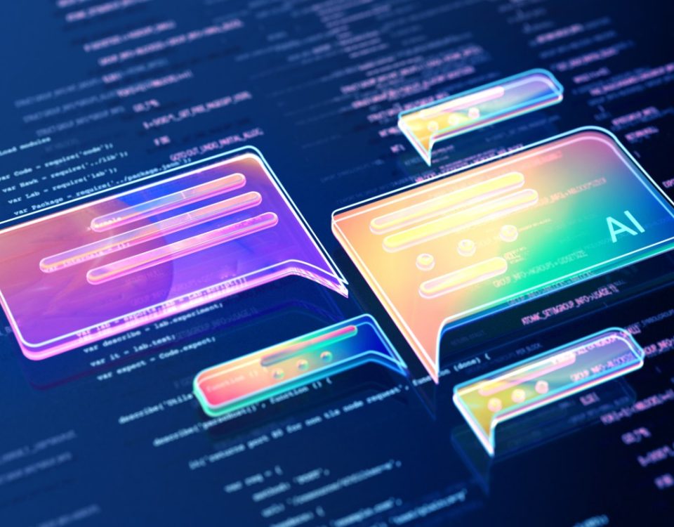 Digital generated image of abstract AI data chat icons flying over digital surface with codes