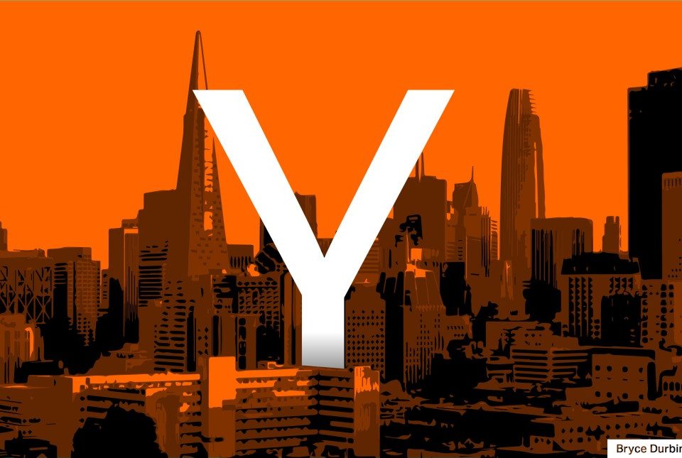 Large white "Y" overlaid on an orange-tinted skyline of San Francisco