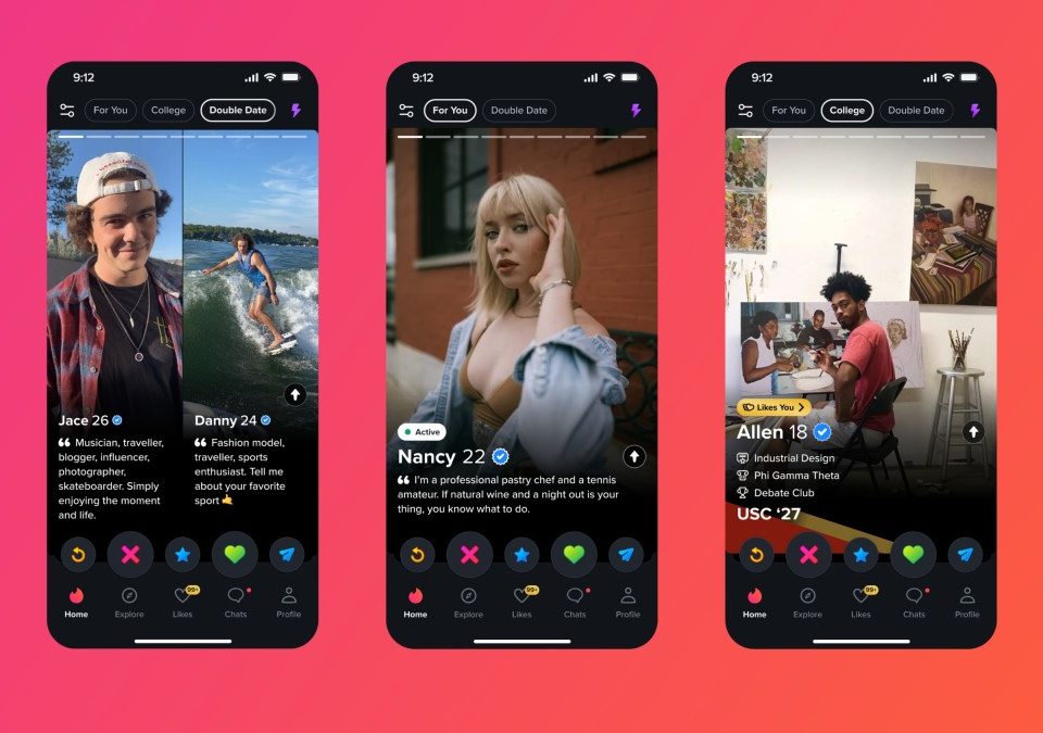 A picture displaying screenshots of Tinder's dating mode features with a new navigation design