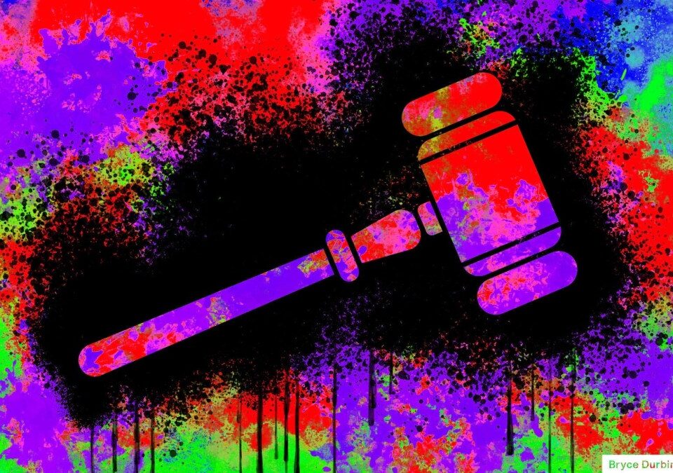 Concept illustration depicting messy litigation with an illustrated gavel on a multicolored background