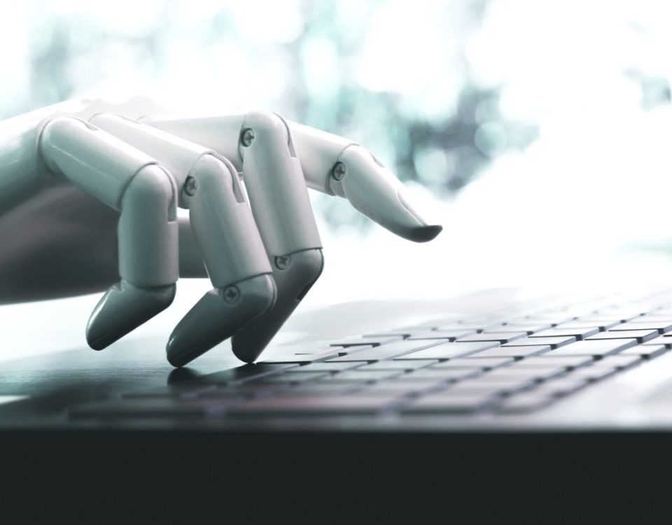 Robot concept or robot hand chatbot pressing computer keyboard enter