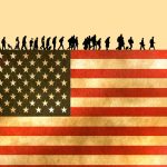 Illustration of silhouette refugees walking in line over American flag