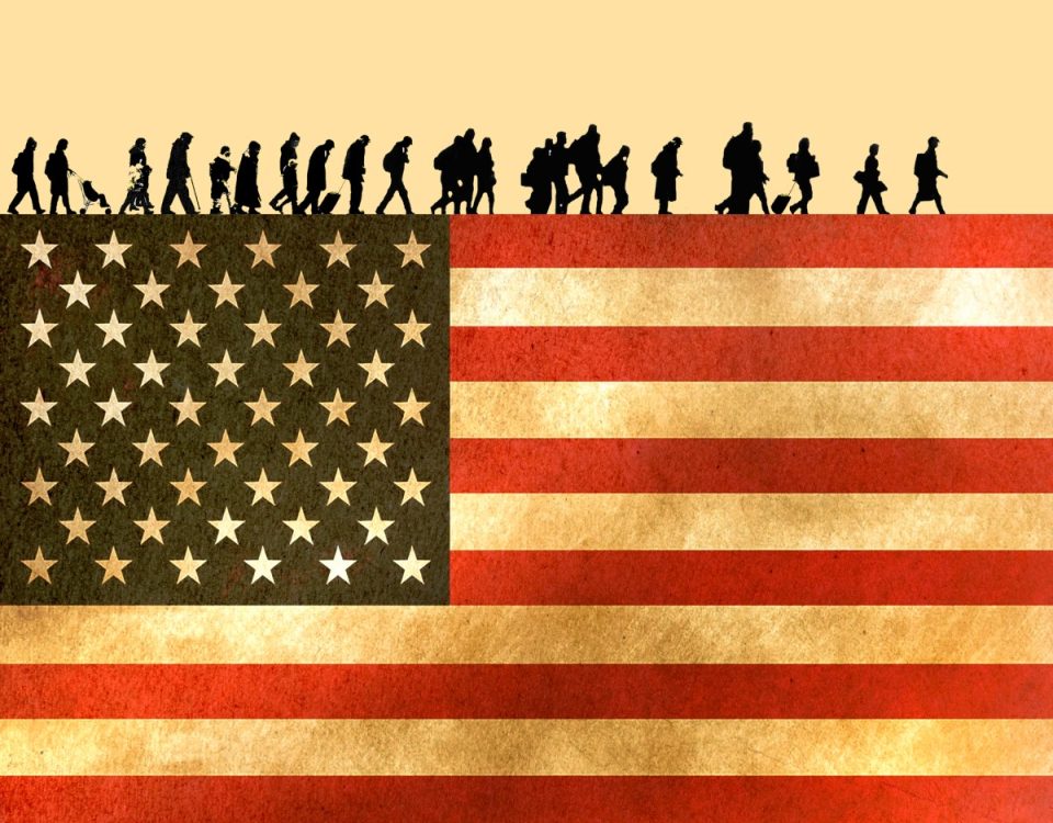 Illustration of silhouette refugees walking in line over American flag