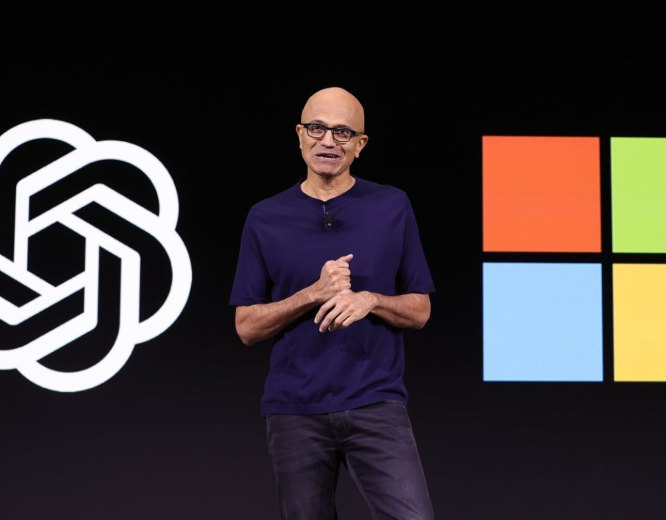 Microsoft CEO Satya Nadella speaks during the OpenAI DevDay event on November 06, 2023 in San Francisco
