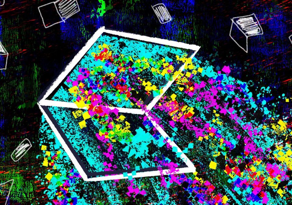 an illustration of data spilling out of a laptop screen surrounded by patterns of laptops and other devices on a darkened background