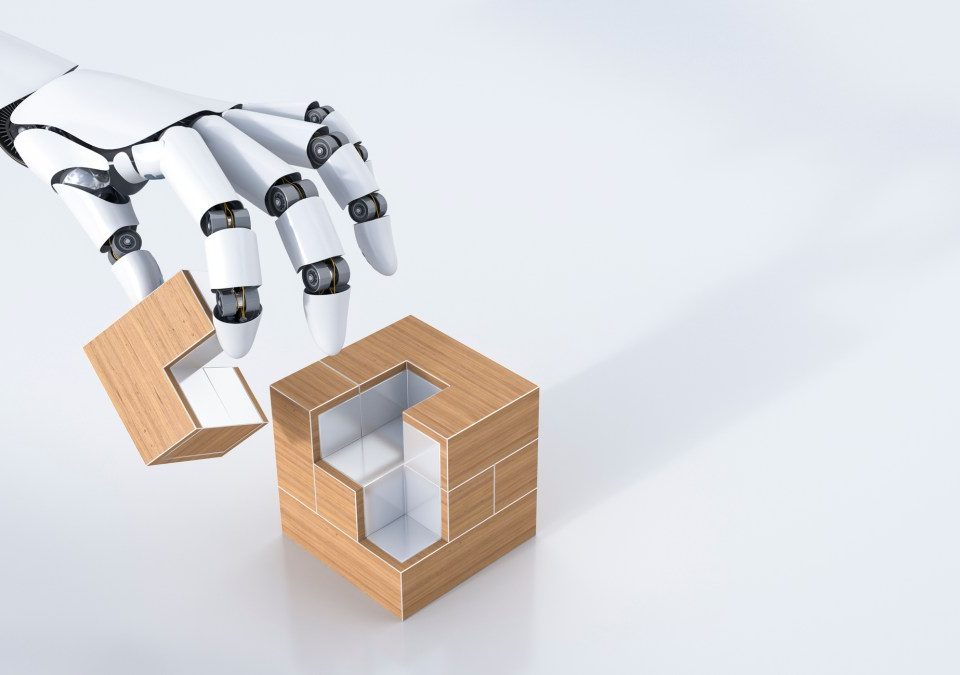 3D Rendering, robot hand assembling cube