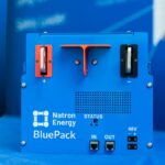 Natron's Blue Pack sodium-ion battery sits on a table.