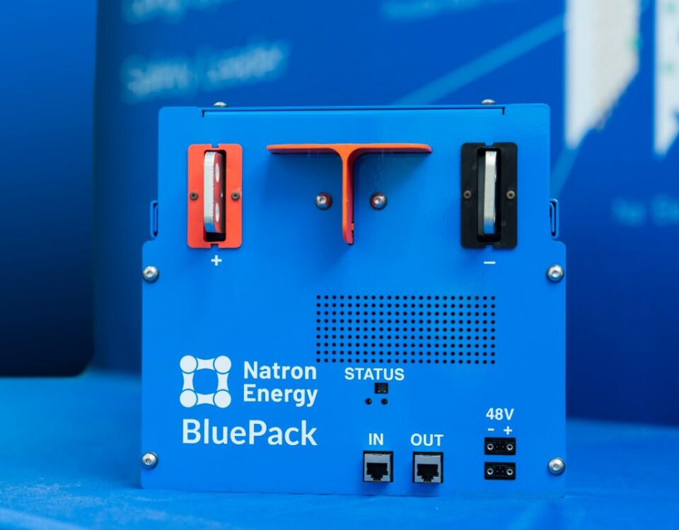 Natron's Blue Pack sodium-ion battery sits on a table.