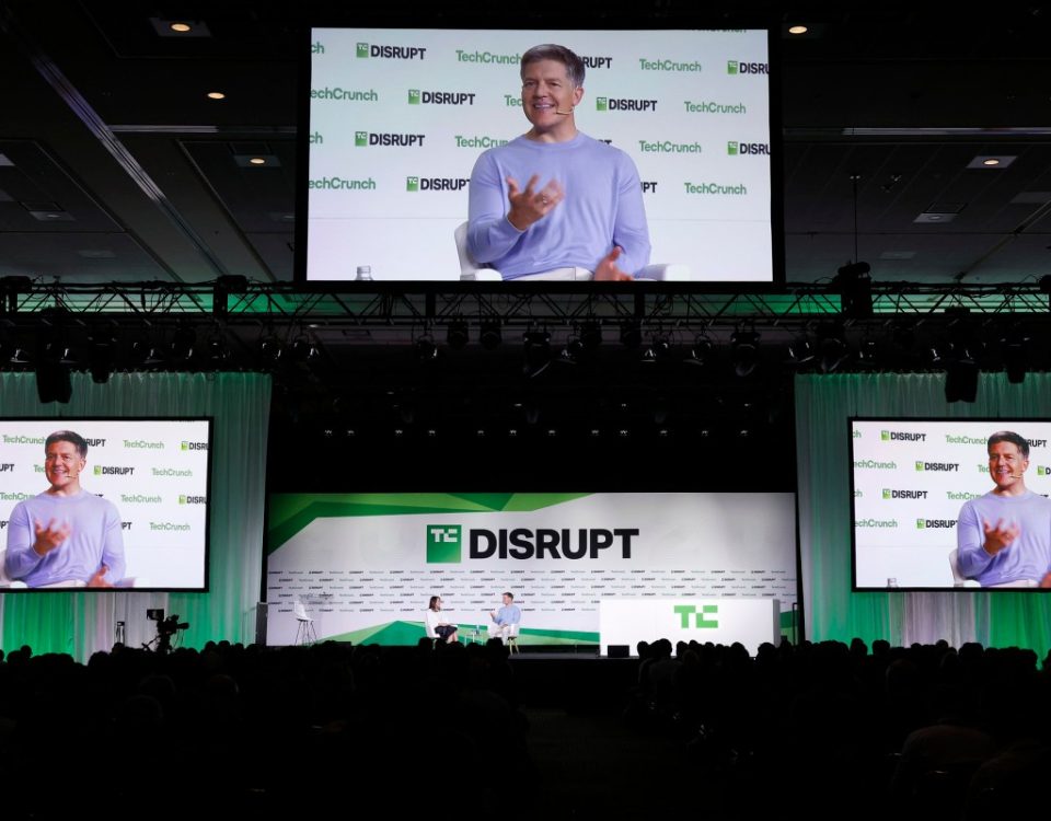 Editor-in-Chief & GM of TechCrunch, and Roelof Botha speak onstage during day one of TechCrunch Disrupt 2025 at Moscone Center on October 27, 2025 in San Francisco
