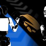 Illustration of Elon Musk, an Optimus robot and a Cybercab