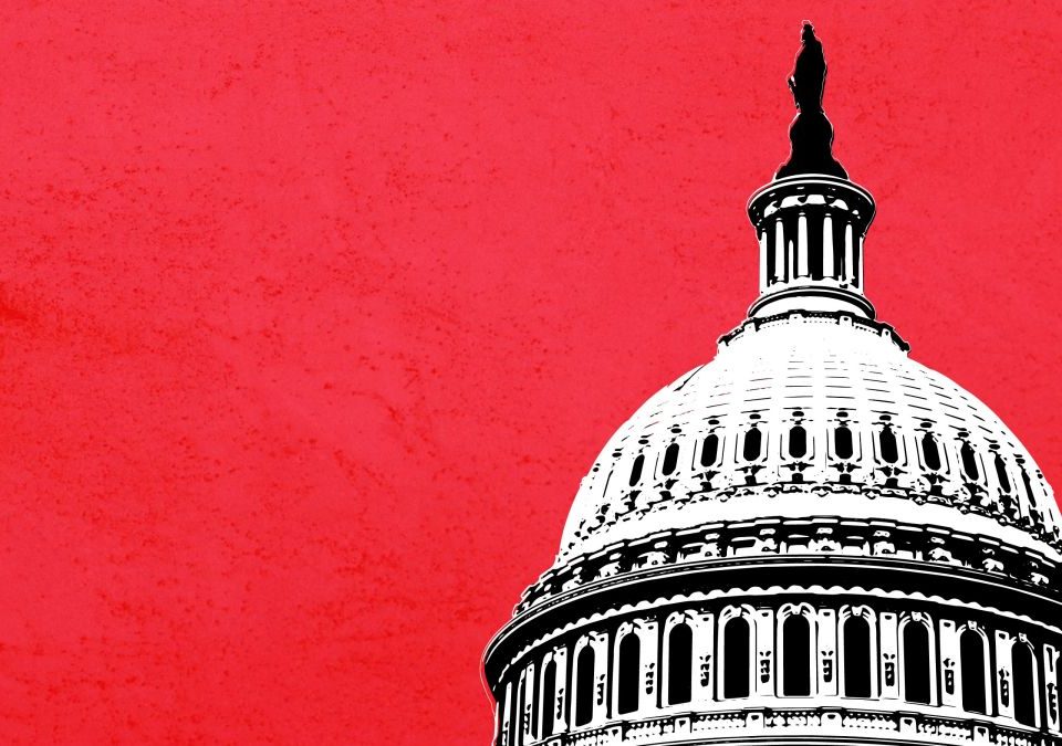 render of the US Capitol dome on red background