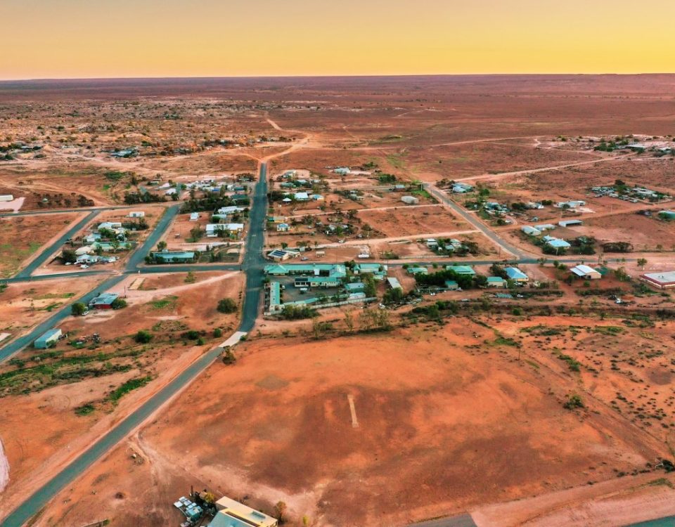 An aerial photograph of White Cliffs, an opal mining community in Australia