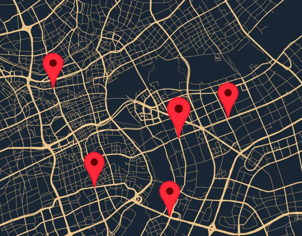 A street map with location dots on top.