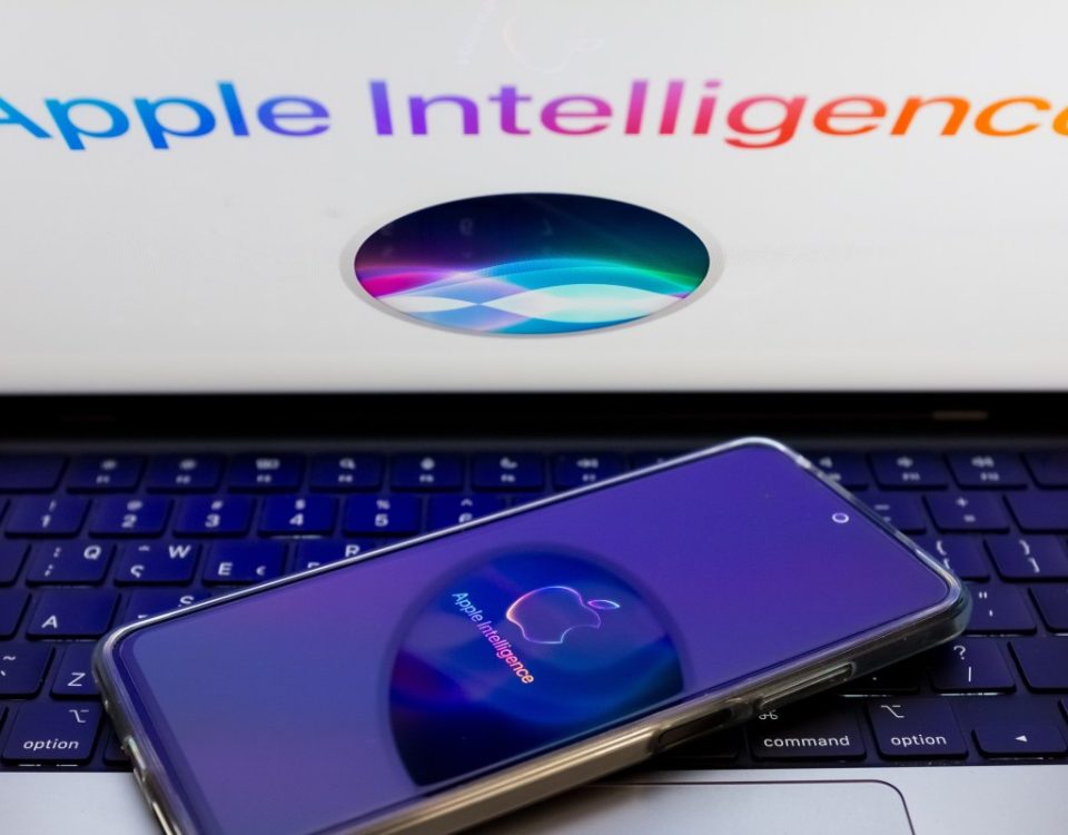 The Apple Siri and Apple Intelligence are being displayed on a smartphone screen and in the background.