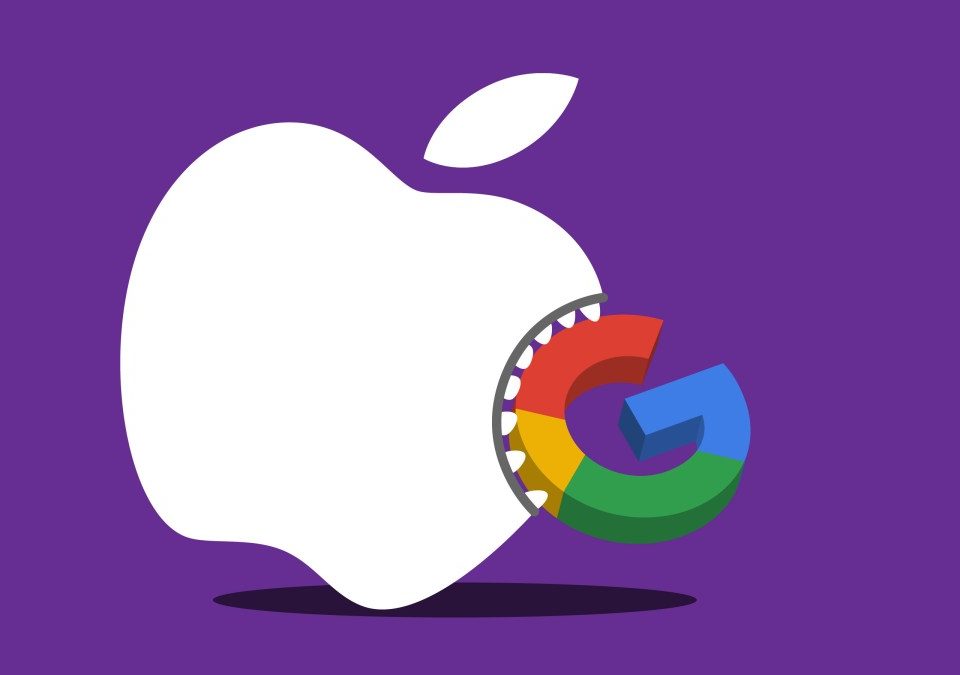 Image of an Apple logo with teeth biting the Google search logo.