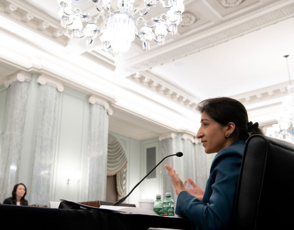Lina Khan, nominee for Commissioner of the Federal Trade Commission (FTC), speaks at a Senate Committee on Commerce, Science, and Transportation confirmation hearing on Capitol Hill on April 21, 2021 in Washington, DC.